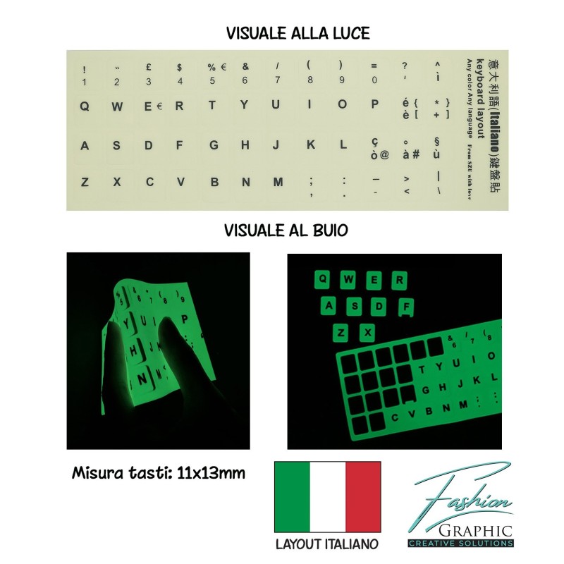 Adesivi lettere grandi tastiera notebook stickers Italiano fosforescenti si  illuminano al buio fluorescenti fosforescenti
